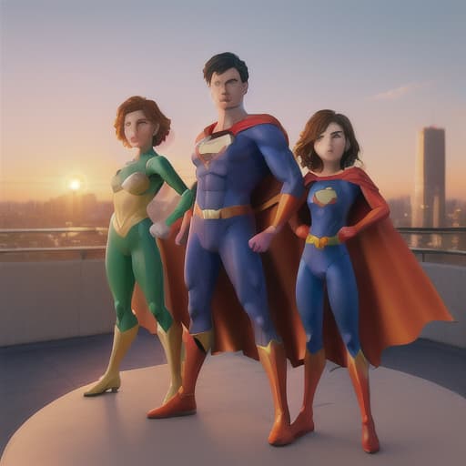  A family of superheroes in colorful costumes, striking a heroic pose on a city rooftop at sunset,  realism , 8k,best quality