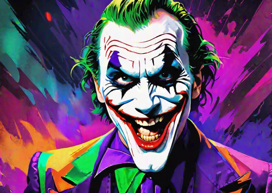  Insane left SIDE COMPOSITION portrait digital painting of The Joker face, the dark night rises, action rage pose, with a beautiful abstract colourful background hyperrealistic, full body, detailed clothing, highly detailed, cinematic lighting, stunningly beautiful, intricate, sharp focus, f/1. 8, 85mm, (centered image composition), (professionally color graded), ((bright soft diffused light)), volumetric fog, trending on instagram, trending on tumblr, HDR 4K, 8K