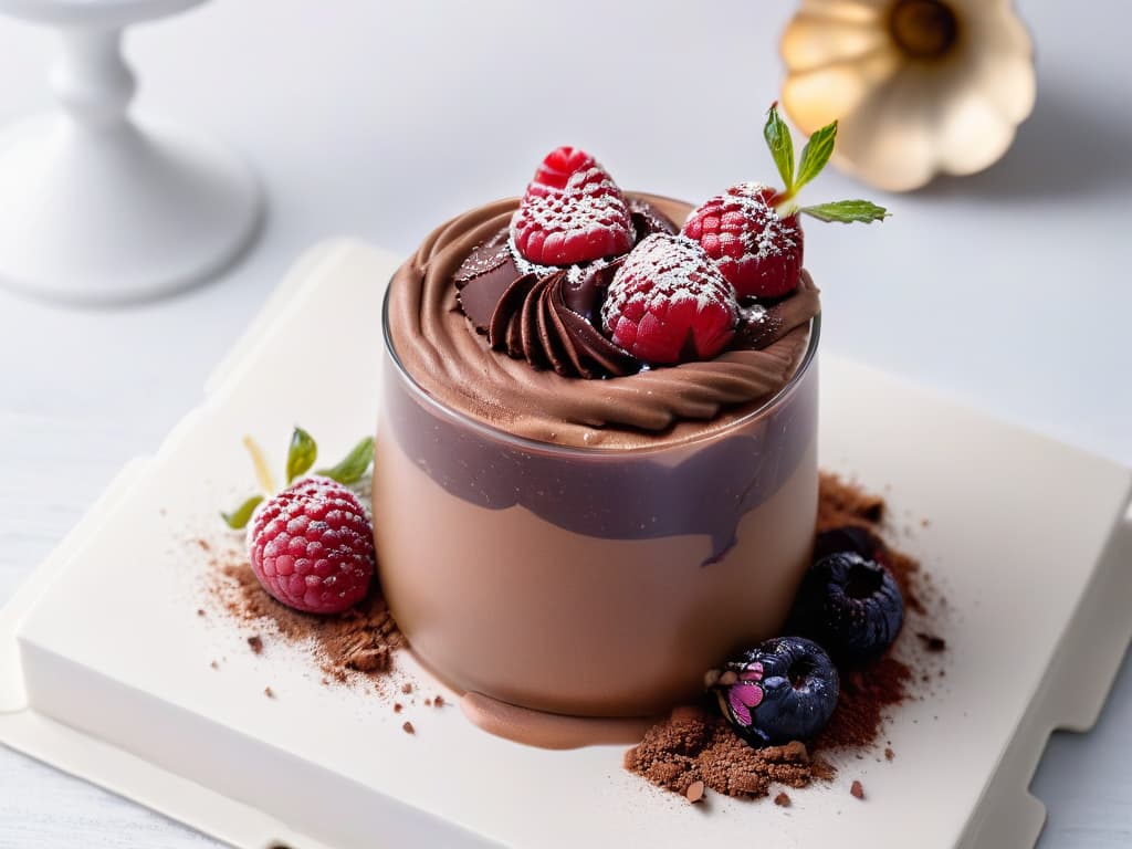  A closeup, photorealistic image of a decadent chocolate mousse in a sleek, modern glass dessert cup. The mousse is perfectly textured, with a smooth and glossy surface, topped with delicate chocolate shavings and a fresh raspberry garnish. The background is softly blurred to highlight the richness and elegance of the dessert, enticing the viewer with its luxurious appearance. hyperrealistic, full body, detailed clothing, highly detailed, cinematic lighting, stunningly beautiful, intricate, sharp focus, f/1. 8, 85mm, (centered image composition), (professionally color graded), ((bright soft diffused light)), volumetric fog, trending on instagram, trending on tumblr, HDR 4K, 8K