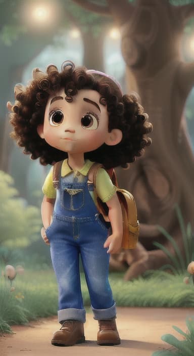  {The tree shining brightly and releasing a gentle, magical light., Riley, a curious with big brown eyes and curly hair, wearing overalls and carrying a small backpack. Their friend, Skye, a bluebird with shiny feathers.