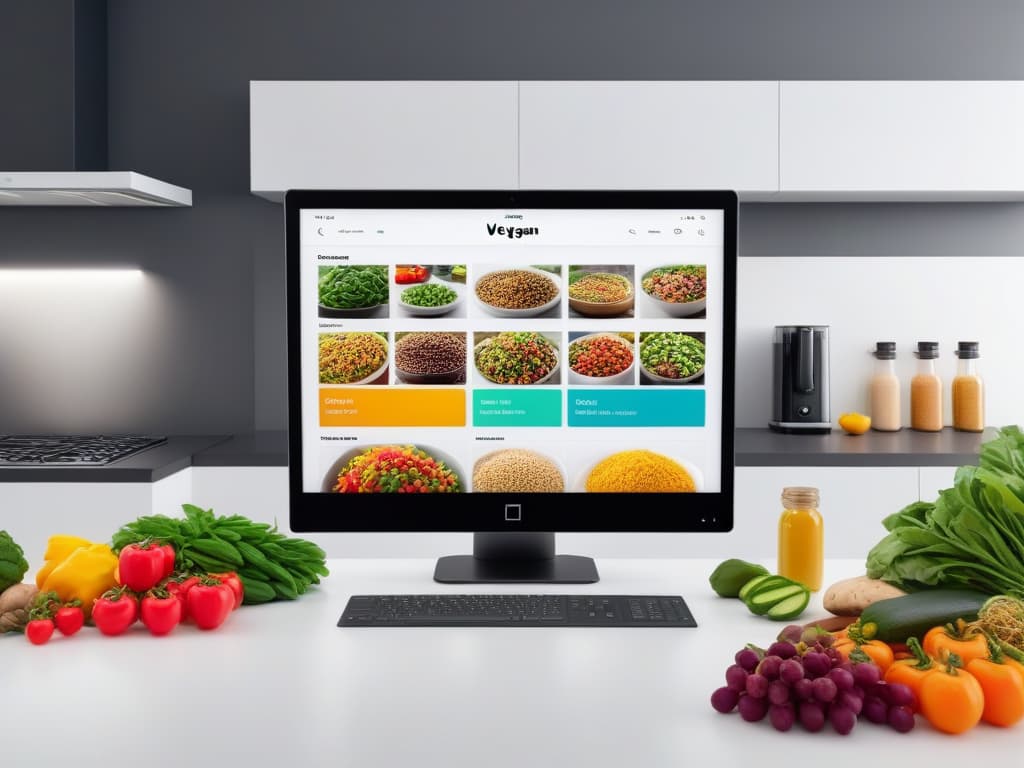  A visually striking 8k ultradetailed image depicting a sleek, futuristic kitchen countertop with various hightech gadgets and smart appliances specifically designed for planning and preparing vegan meals. The scene includes a digital meal planner projected onto the countertop surface, showcasing colorful, nutrientrich plantbased dishes. In the background, shelves are stocked with fresh organic produce, and a digital assistant hovers nearby, ready to offer recipe suggestions based on dietary preferences and nutritional needs. The overall aesthetic is clean, minimalist, and cuttingedge, highlighting the seamless integration of technology into modern vegan meal planning. hyperrealistic, full body, detailed clothing, highly detailed, cinematic lighting, stunningly beautiful, intricate, sharp focus, f/1. 8, 85mm, (centered image composition), (professionally color graded), ((bright soft diffused light)), volumetric fog, trending on instagram, trending on tumblr, HDR 4K, 8K