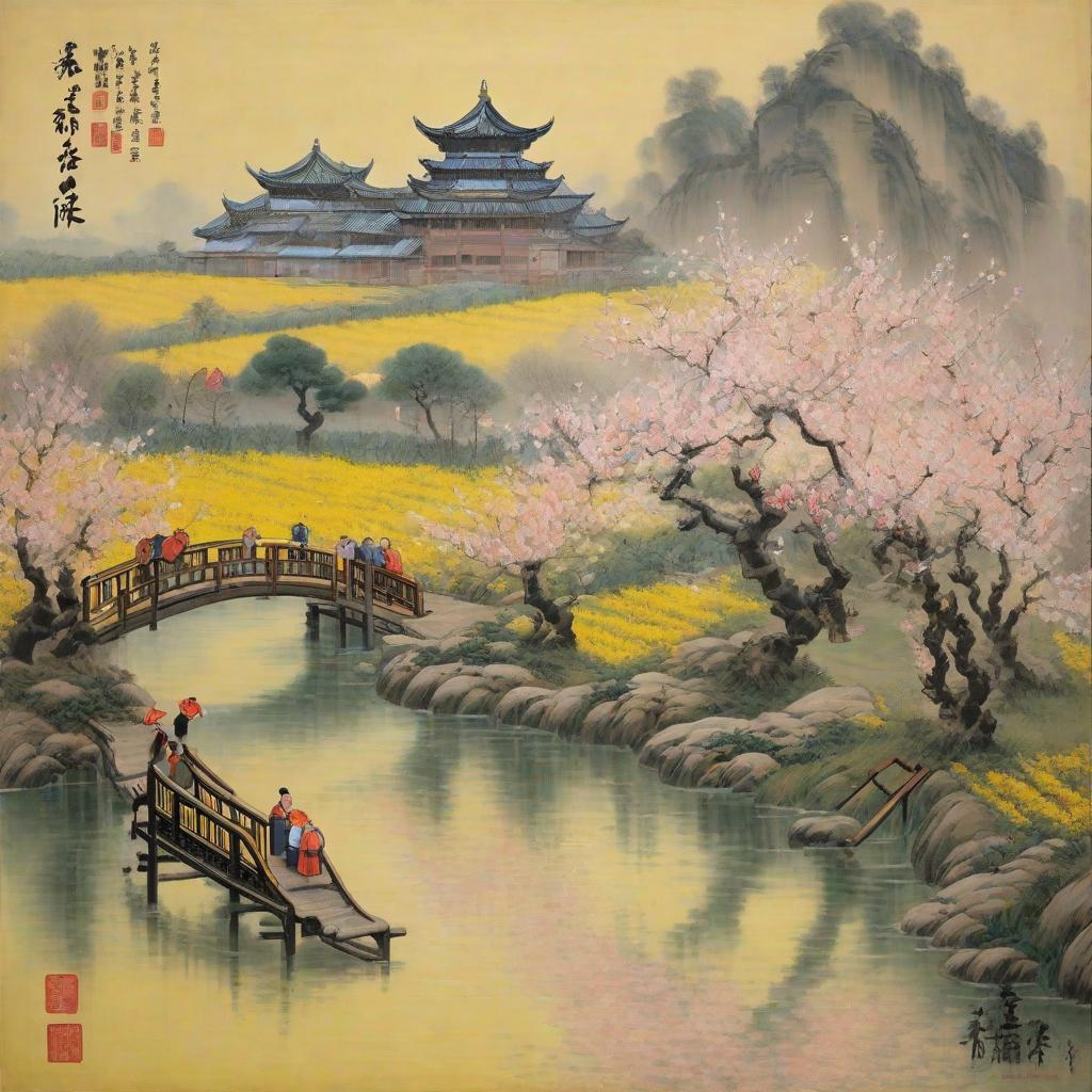  Masterpiece, best quality, generates a picture of Peach Blossom Spring, Peach Blossom Spring according to the description of Peach Blossom Spring: flat land, houses are in a state of order. There are good fields, beautiful ponds, mulberry and bamboo genera. The roads traffic, chickens and dogs smell each other. Among them, the coming and going of species, men and women dressed, all like outsiders. Yellow hair drooping, and happy. The expression technique is similar to "Qianli Jiangshan Painting."Careful composition, using high, deep, and flat alternate use of a variety of composition methods to make the picture ups and downs, full of strong rhythm, fascinating. The painting adopts the scattered point perspective method, which flexibly refle