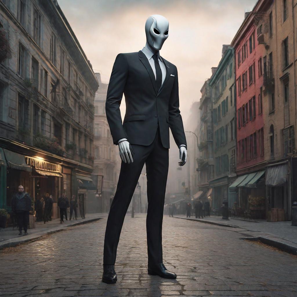  Créame una imagen de slenderman hyperrealistic, full body, detailed clothing, highly detailed, cinematic lighting, stunningly beautiful, intricate, sharp focus, f/1. 8, 85mm, (centered image composition), (professionally color graded), ((bright soft diffused light)), volumetric fog, trending on instagram, trending on tumblr, HDR 4K, 8K