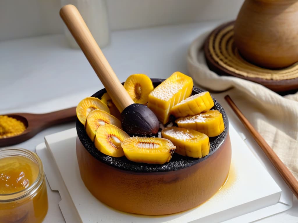  A minimalistic, highly detailed image of a wooden mortar and pestle filled with pounded plantains and cassava, surrounded by a drizzle of golden honey that glistens under soft, natural light. The texture of the smooth fufu contrasts with the sticky sweetness of the honey, creating a visually striking and appetizing scene that captures the essence of the unexpected fusion dessert from West Africa. hyperrealistic, full body, detailed clothing, highly detailed, cinematic lighting, stunningly beautiful, intricate, sharp focus, f/1. 8, 85mm, (centered image composition), (professionally color graded), ((bright soft diffused light)), volumetric fog, trending on instagram, trending on tumblr, HDR 4K, 8K