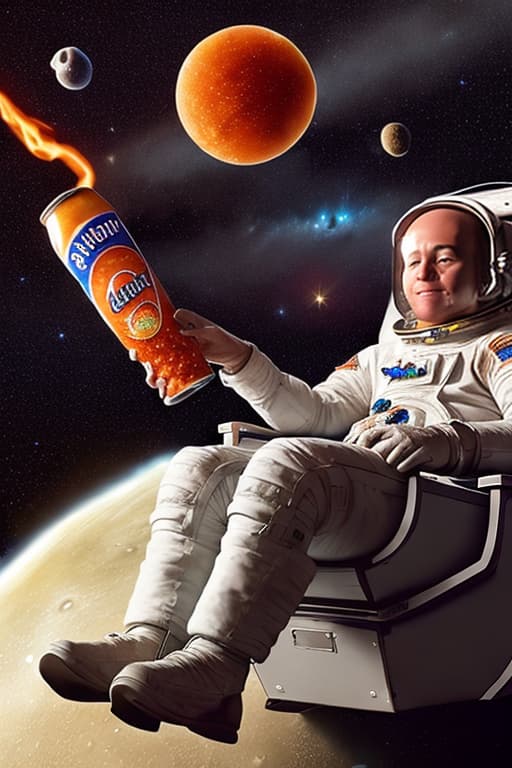 Astronaut stargazing on moon٫while in a recliner drinking root beer٫ and eating flaming hot cheetos