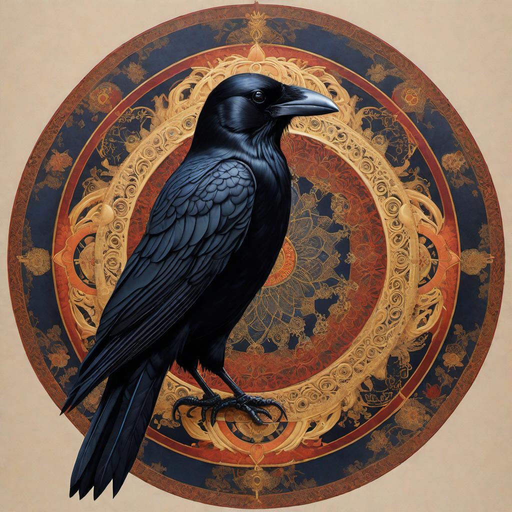  A crow-themed Buddhist meditation mandala designed to help users meditate and connect with the qualities of a crow. The mandala should incorporate traditional Buddhist symbols and artistic elements, such as lotus flowers, dharma wheels, and auspicious symbols, all intricately entwined with crow imagery. The crows should be depicted in various poses—flying, perched, and in mid-call—surrounded by swirling patterns and symbology that evoke a sense of spiritual connection and inner peace. The overall aesthetic should blend rich, deep colors like midnight blues, blacks, and hints of gold, merging the mystical aura of the crow with the serene essence of Buddhist meditation. hyperrealistic, full body, detailed clothing, highly detailed, cinematic lighting, stunningly beautiful, intricate, sharp focus, f/1. 8, 85mm, (centered image composition), (professionally color graded), ((bright soft diffused light)), volumetric fog, trending on instagram, trending on tumblr, HDR 4K, 8K