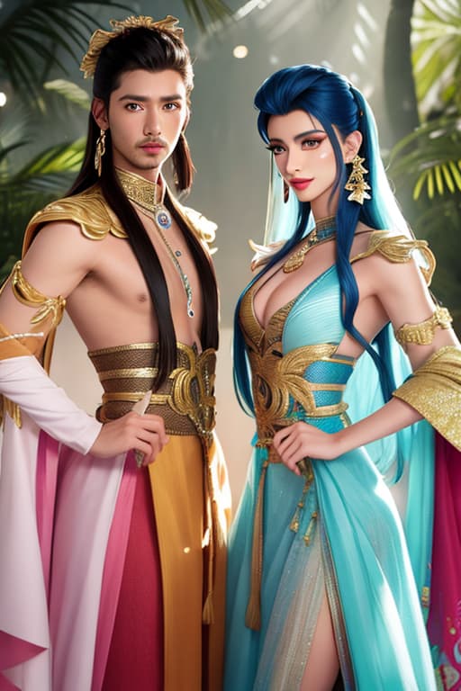  Miguel and Tulio from road to el dorado as drag queens. Wearing extravagant outfits that match colors. Miguel outfits is native looking and Tulio’s is Spanish looking. They’re posing together for rupaul’s drag race promotion. Miguel is bo hyperrealistic, full body, detailed clothing, highly detailed, cinematic lighting, stunningly beautiful, intricate, sharp focus, f/1. 8, 85mm, (centered image composition), (professionally color graded), ((bright soft diffused light)), volumetric fog, trending on instagram, trending on tumblr, HDR 4K, 8K