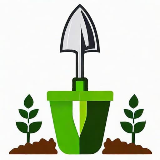  Draw a friendly, clean, vector icon of a garden trowel with a leaf or small plant shooting up from the soil. The design will depict the essence of gardening and the nurturing touch of a green thumb. ((for a logo)), minimalistic, vector illustration, (simple), (white background), no background, for a company, strong color contrast