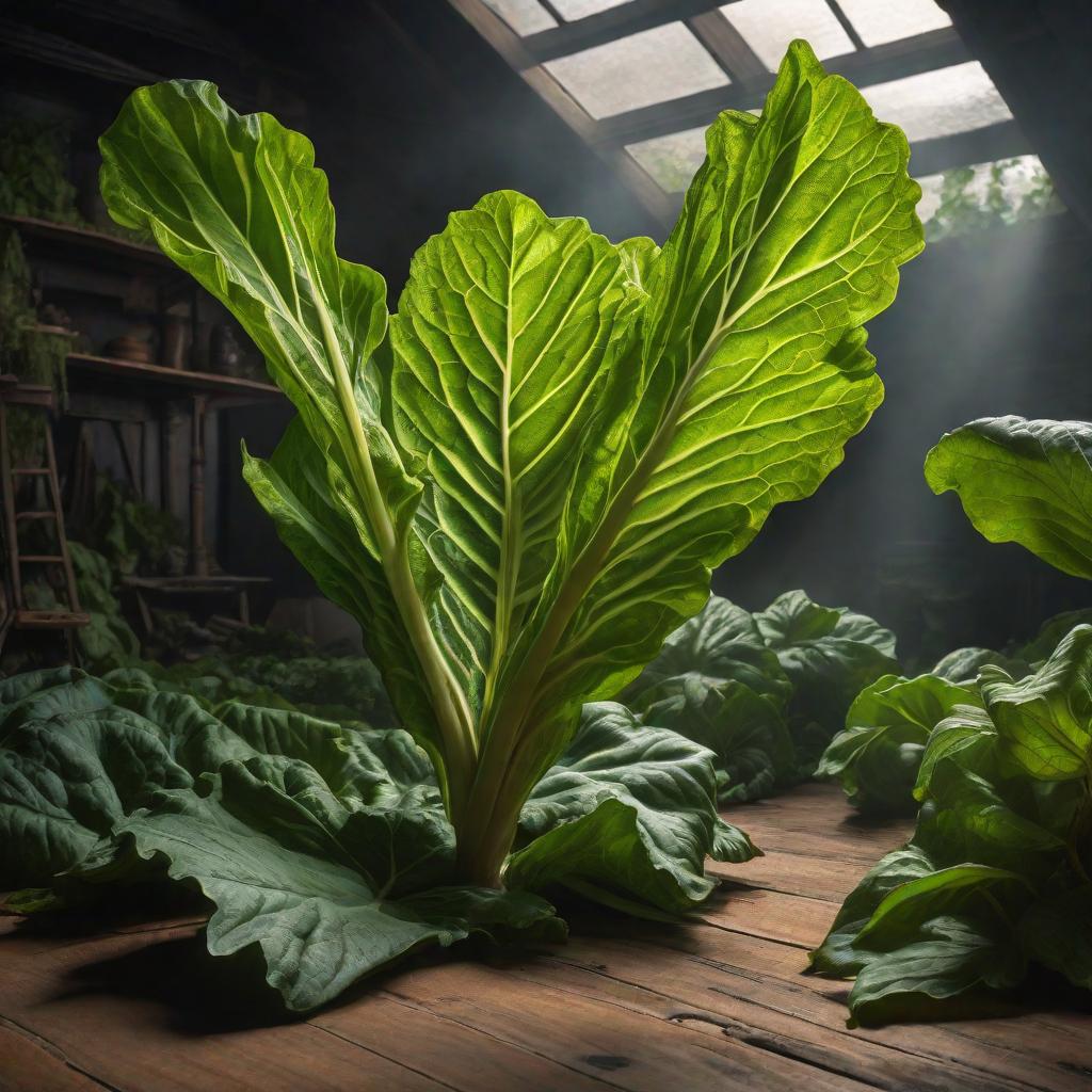  HYPERREALISTIC GIANT RHUBARB LEAVES GROWING FROM THE FLOOR IN A DARK ROOM., realistic, portrait, art by donato giancola and greg rutkowski, realistic face, digital art, trending on artstation hyperrealistic, full body, detailed clothing, highly detailed, cinematic lighting, stunningly beautiful, intricate, sharp focus, f/1. 8, 85mm, (centered image composition), (professionally color graded), ((bright soft diffused light)), volumetric fog, trending on instagram, trending on tumblr, HDR 4K, 8K