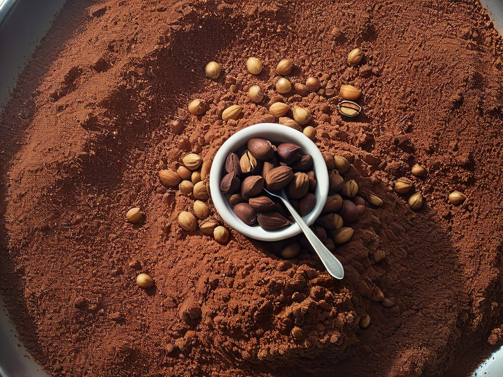  A closeup, ultradetailed image of whole roasted hazelnuts and raw cacao beans beautifully arranged in a minimalist, monochromatic color scheme. The rich textures and colors of the ingredients are highlighted, creating a visually striking and aesthetically pleasing composition that conveys the essence of creating homemade vegan Nutella. hyperrealistic, full body, detailed clothing, highly detailed, cinematic lighting, stunningly beautiful, intricate, sharp focus, f/1. 8, 85mm, (centered image composition), (professionally color graded), ((bright soft diffused light)), volumetric fog, trending on instagram, trending on tumblr, HDR 4K, 8K