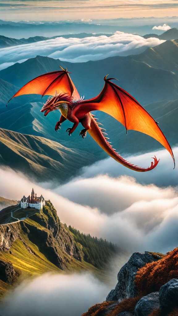  A majestic dragon soars through the clouds in a vibrant, fantastical landscape. hyperrealistic, full body, detailed clothing, highly detailed, cinematic lighting, stunningly beautiful, intricate, sharp focus, f/1. 8, 85mm, (centered image composition), (professionally color graded), ((bright soft diffused light)), volumetric fog, trending on instagram, trending on tumblr, HDR 4K, 8K