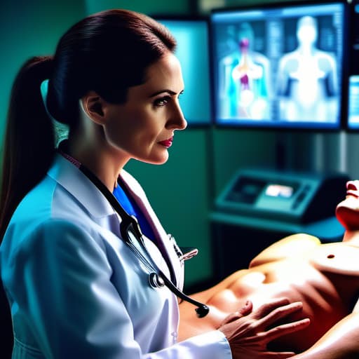  a cardiologist examining a patient inside a hospital emergency room, photorealistic, physical exame, stethoscope, life-like, photo, auscultation, ekg, ecg, 8k hyperrealistic, full body, detailed clothing, highly detailed, cinematic lighting, stunningly beautiful, intricate, sharp focus, f/1. 8, 85mm, (centered image composition), (professionally color graded), ((bright soft diffused light)), volumetric fog, trending on instagram, trending on tumblr, HDR 4K, 8K