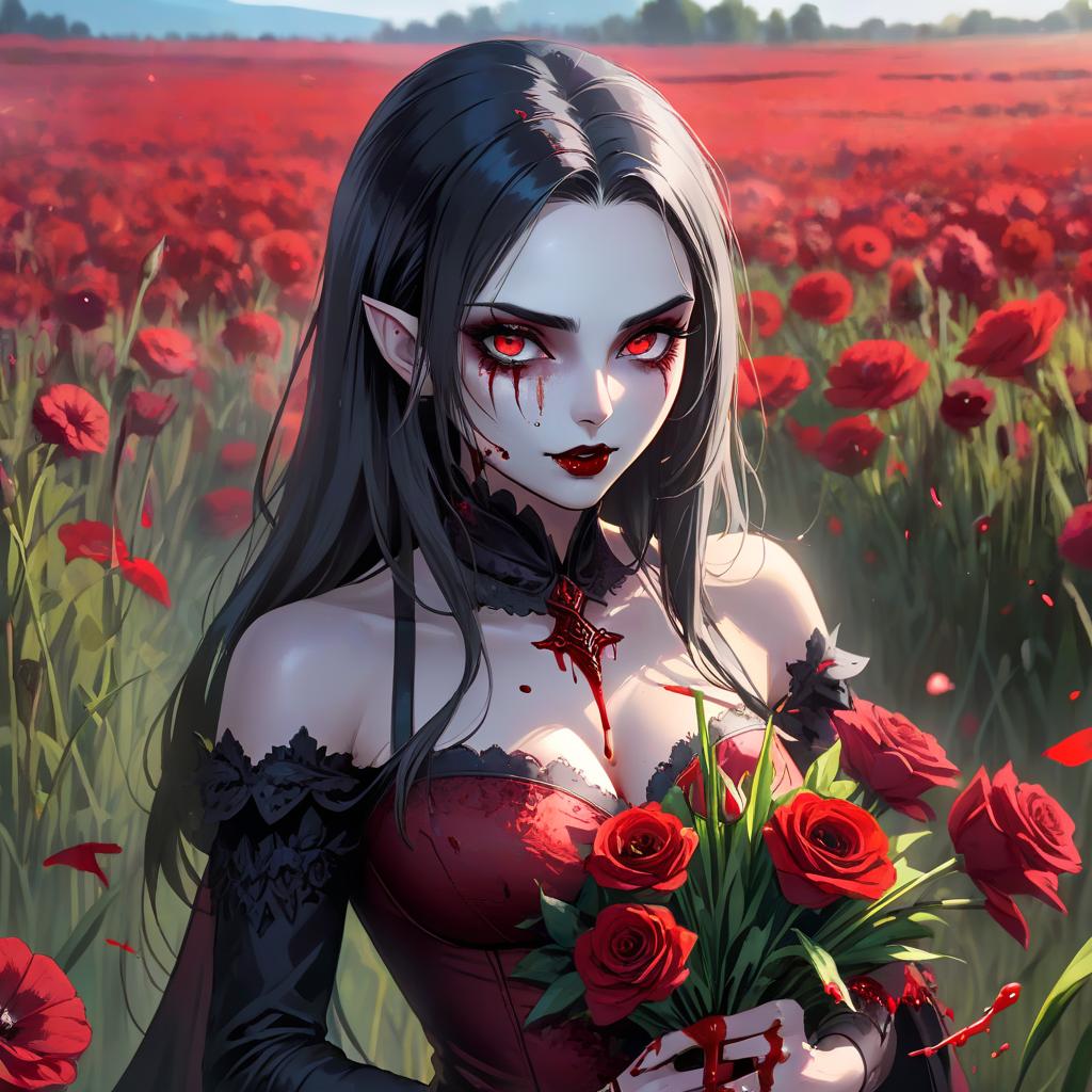  concept art (splattered masterpiece: 1.5), (best quality: 1.2), (aesthetics), sharpen the details, (complex details: 1.2), (detailed face, detailed body, detailed eyes, bright eyes, create an animated illustration in 8K format, (realism). A beautiful Vampire woman collects flowers in a field, there is blood around . digital artwork, illustrative, painterly, matte painting, highly detailed hyperrealistic, full body, detailed clothing, highly detailed, cinematic lighting, stunningly beautiful, intricate, sharp focus, f/1. 8, 85mm, (centered image composition), (professionally color graded), ((bright soft diffused light)), volumetric fog, trending on instagram, trending on tumblr, HDR 4K, 8K