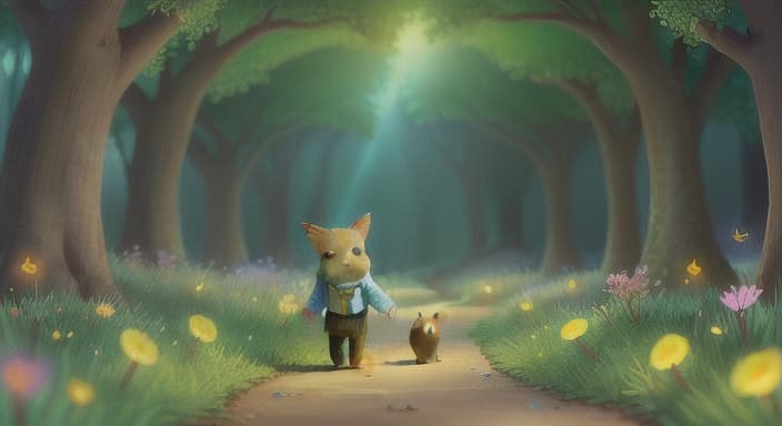  {Oh following a path surrounded by glowing fireflies and musical notes floating in the air., Oh's nose twitches as they catch the scent of wildflowers, and their ears perk up to the enchanting music.