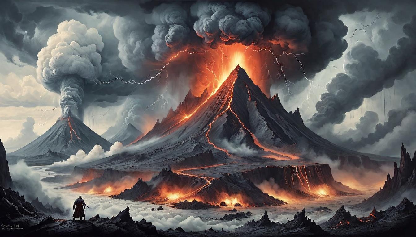  on parchment, surrealism+++, Volcanic eruptions clashing with thunderstorms, tumultuous confrontation, nature's fury, raw power versus electric strategy.(mysterious, provocative, symbolic,muted color)+++