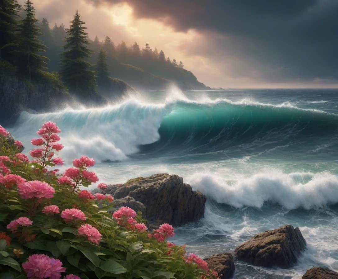  retro game art Magnificent seascape. Evening, raging sea, huge waves beating on the rocky shore covered with coniferous forest, thunderstorm, rain, flowers, spectacular colour, photorealism, hyper detalisation, dispersion, shimmer, 3D effect,16k, surrealism, meticulous detailing, volumetric layered watercolour, dark botanical, realistic, horror, vintage, UltraHD, HDR. A work of art in the style of Ruben . 16 bit, vibrant colors, pixelated, nostalgic, charming, fun hyperrealistic, full body, detailed clothing, highly detailed, cinematic lighting, stunningly beautiful, intricate, sharp focus, f/1. 8, 85mm, (centered image composition), (professionally color graded), ((bright soft diffused light)), volumetric fog, trending on instagram, trending on tumblr, HDR 4K, 8K