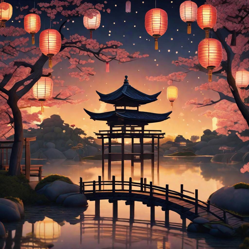  masterpiece, best quality, (Fidelity: 1.4), Best Quality, Masterpiece, Ultra High Resolution, 8k resolution, A night view inspired by Japanese art, featuring a garden illuminated by paper lanterns and a wooden bridge spanning a tranquil lake, by the lakeside, there is a small Zen temple. The water reflects the starry sky.