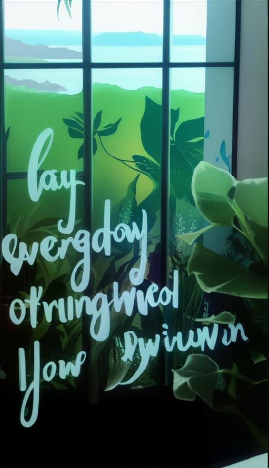  A window with plants and sea views on the outside of the window, and words on the windows