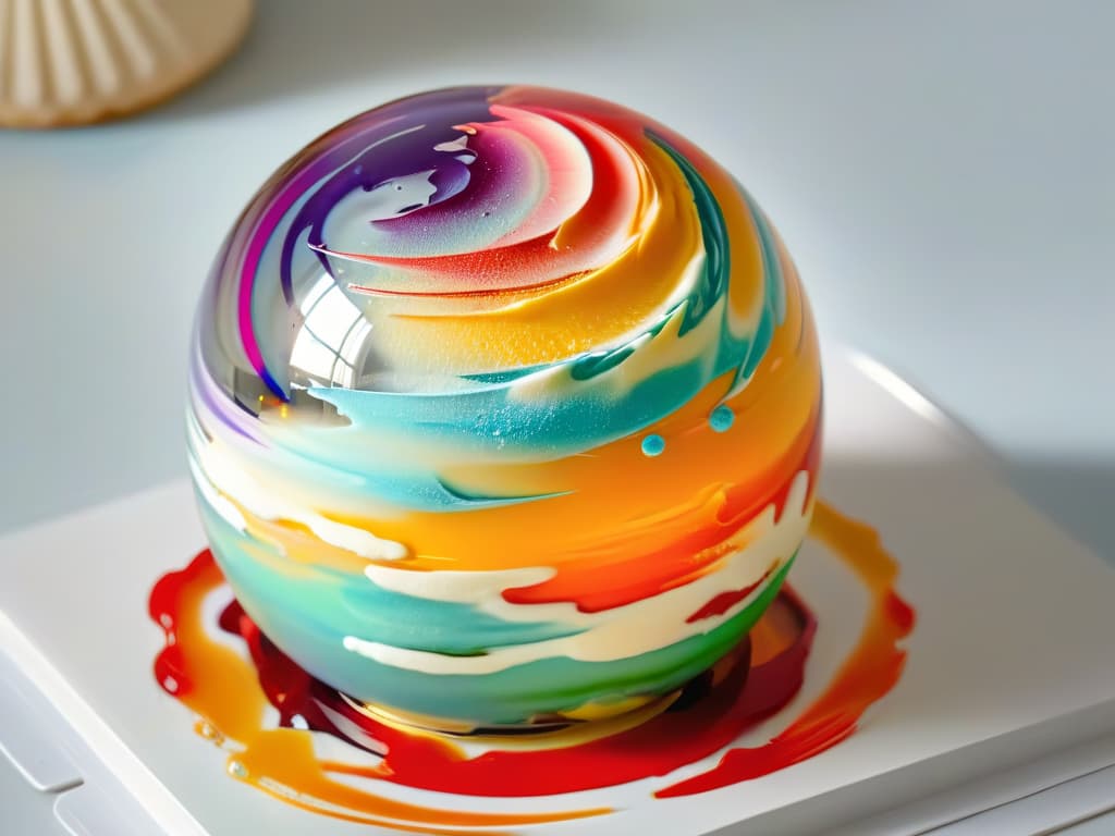  A highresolution closeup image of a clear glass sphere filled with swirling, colorful liquid dessert, showcasing layers of different densities and textures. The liquid inside the sphere should appear to be in motion, creating a mesmerizing and visually appealing effect. The background should be subtly blurred to keep the focus on the intricate details of the dessert. hyperrealistic, full body, detailed clothing, highly detailed, cinematic lighting, stunningly beautiful, intricate, sharp focus, f/1. 8, 85mm, (centered image composition), (professionally color graded), ((bright soft diffused light)), volumetric fog, trending on instagram, trending on tumblr, HDR 4K, 8K