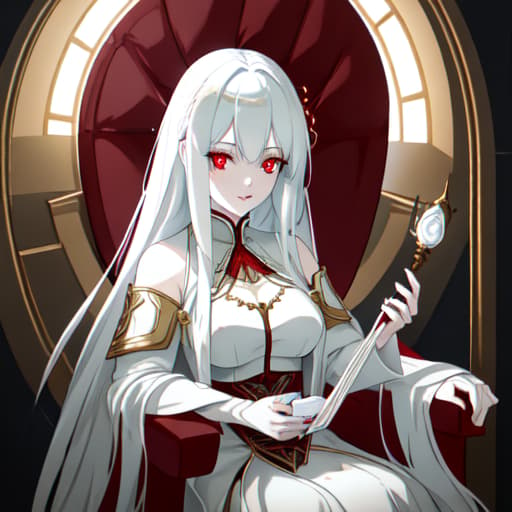  a girl manhua character with white hair and red eyes with white skin wearing noble dress and siting on the throne hyperrealistic, full body, detailed clothing, highly detailed, cinematic lighting, stunningly beautiful, intricate, sharp focus, f/1. 8, 85mm, (centered image composition), (professionally color graded), ((bright soft diffused light)), volumetric fog, trending on instagram, trending on tumblr, HDR 4K, 8K