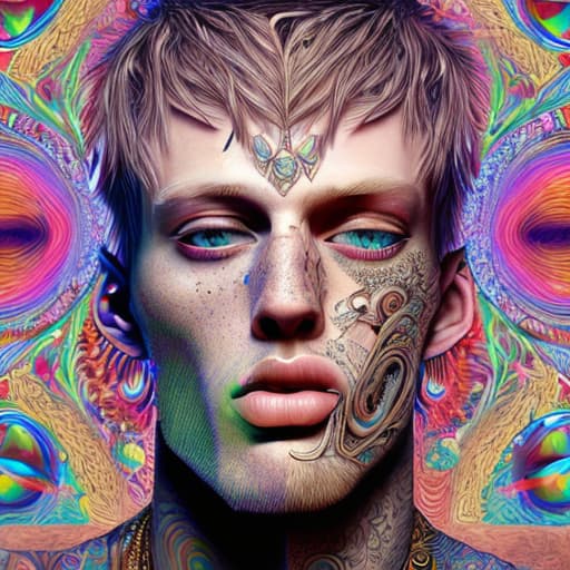  An extremely psychedelic portrait of mgk, surreal, lsd, face, detailed, intricate, elegant, lithe, highly detailed, digital oth, sharp focus, illustration