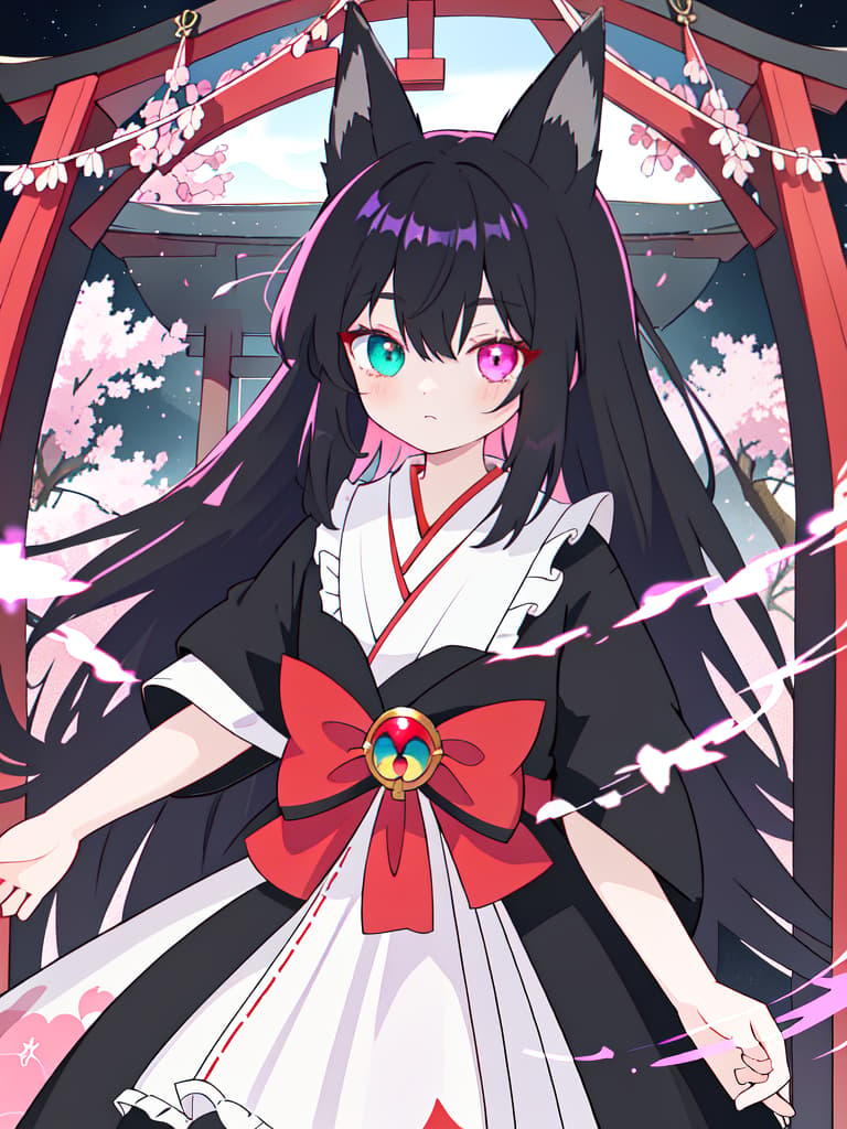  Black hair,fox ears,fox eyes,purple left eye,pink right eye,heterochromia,horse tail,shrine maiden outfit, masterpiece, best quality,8k,ultra detailed,high resolution,an extremely delicate and beautiful,hyper detail