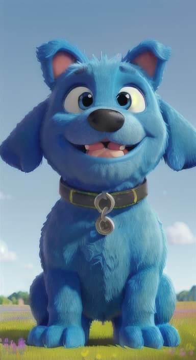  {A happy, big blue dog wagging its tail in a colorful meadow, The big blue dog is large with sky blue fur, big round eyes, a black nose, and floppy ears.