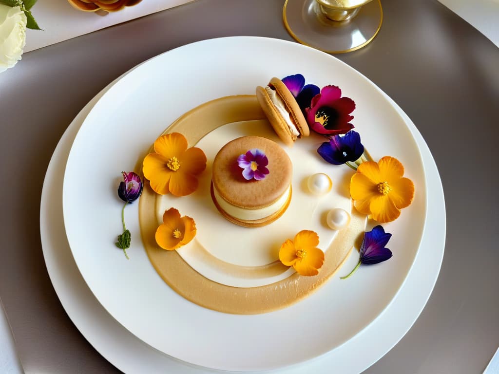  A stunning photorealistic image of a contemporary dessert fusion masterpiece, combining classic French pastry elements like delicate macarons and flaky croissants with innovative twists like edible flowers, molecular gastronomy spheres, and gold leaf accents. The dessert is elegantly plated on a sleek, modern dish against a minimalist background, showcasing the intricate layers and textures that symbolize the blending of French pastry tradition with avantgarde culinary techniques. hyperrealistic, full body, detailed clothing, highly detailed, cinematic lighting, stunningly beautiful, intricate, sharp focus, f/1. 8, 85mm, (centered image composition), (professionally color graded), ((bright soft diffused light)), volumetric fog, trending on instagram, trending on tumblr, HDR 4K, 8K