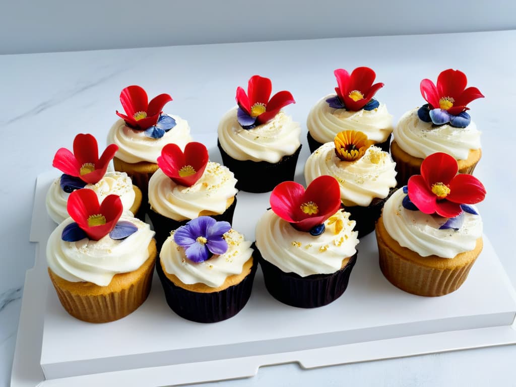  A beautifully arranged set of glutenfree cupcakes with innovative flavors and creative toppings, displayed on a sleek, modern white marble countertop. Each cupcake is meticulously decorated with vibrant edible flowers, delicate drizzles of colorful glazes, and a sprinkle of gold flakes, showcasing a perfect balance of artistry and gastronomy. The soft, natural lighting highlights the textures and details of these delectable treats, inviting the viewer to indulge in a visual feast of creativity and taste. hyperrealistic, full body, detailed clothing, highly detailed, cinematic lighting, stunningly beautiful, intricate, sharp focus, f/1. 8, 85mm, (centered image composition), (professionally color graded), ((bright soft diffused light)), volumetric fog, trending on instagram, trending on tumblr, HDR 4K, 8K