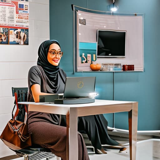 analog style A girl wearing a hijab who sells socks in her small sock shop Behind the girl is a rack of socks and in front of the girl is a table, and on the table is a laptop, a box of socks, a notebook, and a calendar, and a sign that says Bama is installed on the wall. done hyperrealistic, full body, detailed clothing, highly detailed, cinematic lighting, stunningly beautiful, intricate, sharp focus, f/1. 8, 85mm, (centered image composition), (professionally color graded), ((bright soft diffused light)), volumetric fog, trending on instagram, trending on tumblr, HDR 4K, 8K