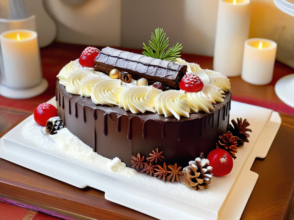  A photorealistic image of a beautifully decorated Yule log cake, intricately designed with edible pinecones, holly leaves, and berries, sitting on a rustic wooden platter adorned with festive candles and surrounded by a dusting of powdered sugar to mimic snow. The cake is expertly crafted, showcasing layers of moist sponge cake rolled with rich chocolate ganache and elegantly finished with delicate buttercream frosting swirls and gold leaf accents. The background features a cozy kitchen setting with soft, warm lighting that highlights the details of the dessert, creating a truly inviting and inspiring holiday scene. hyperrealistic, full body, detailed clothing, highly detailed, cinematic lighting, stunningly beautiful, intricate, sharp focus, f/1. 8, 85mm, (centered image composition), (professionally color graded), ((bright soft diffused light)), volumetric fog, trending on instagram, trending on tumblr, HDR 4K, 8K