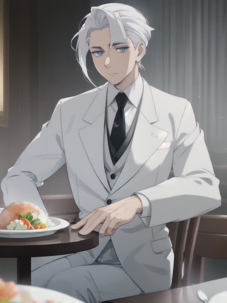  (anime cartoon man), (caucasian ethnicity, pale skin), young, wide body, blue eyes, slicked back hair, white hair, suit and shirt clothing, Wearing a suit and shirt, sitting at the dinner table in a fancy restaurant at night with dim lights  hyperrealistic, full body, detailed clothing, highly detailed, cinematic lighting, stunningly beautiful, intricate, sharp focus, f/1. 8, 85mm, (centered image composition), (professionally color graded), ((bright soft diffused light)), volumetric fog, trending on instagram, trending on tumblr, HDR 4K, 8K