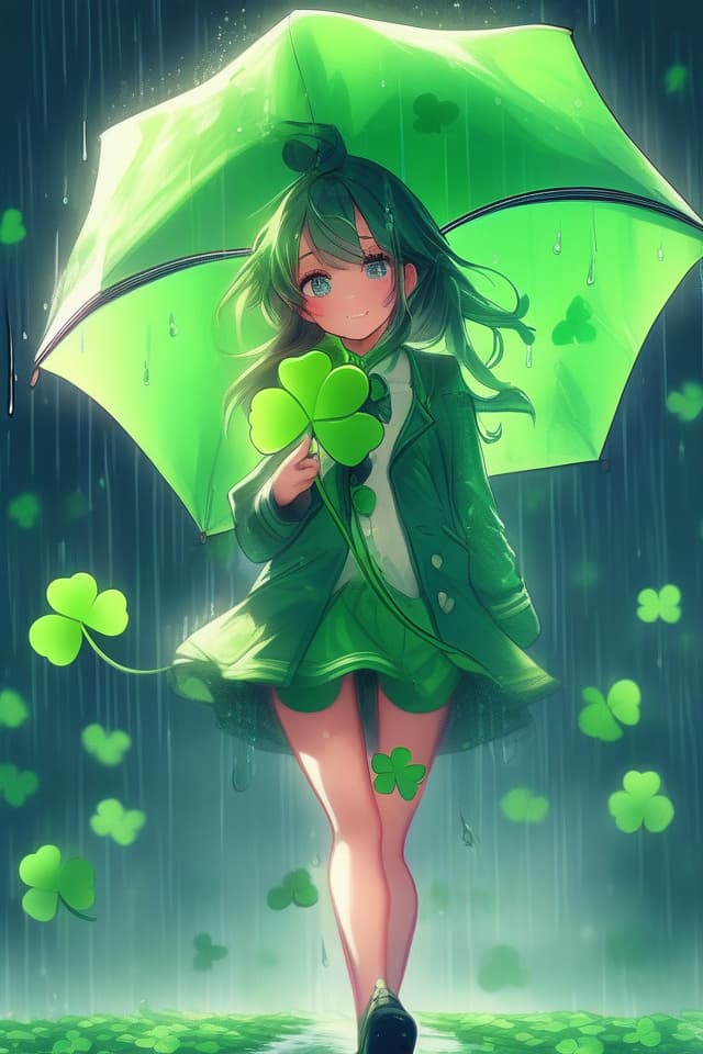  (Illustration Over a Four Leaf Clover🍀) (Angle from Below) Masterpiece, (Beautiful Girl) f Clover) (IN THE RAIN) High Quality, 8k