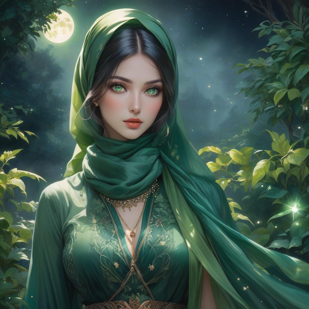  HDR photo of In a garden of emerald, a vision serene, A lady in green, a living dream. A headscarf of jade, gracefully tied, Like nature's embrace, where beauty resides. Her eyes, deep pools of verdant grace, Reflect the hues of a tranquil space. In shades of moss, her attire weaves, A tapestry of calm, like rustling leaves. mystical watercolor painting girl with deep green eyes, green head scarf and shawl, at mysticaldark deep dark black night, full moon, stars, flow, watercolor, detailed matte painting, deep color, fantastical, intricate detail, splash screen, complementary colors, fantasy concept art, 8k resolution trending on Artstation Unreal Engine 5 . High dynamic range, vivid, rich details, clear shadows and highlights, realistic hyperrealistic, full body, detailed clothing, highly detailed, cinematic lighting, stunningly beautiful, intricate, sharp focus, f/1. 8, 85mm, (centered image composition), (professionally color graded), ((bright soft diffused light)), volumetric fog, trending on instagram, trending on tumblr, HDR 4K, 8K