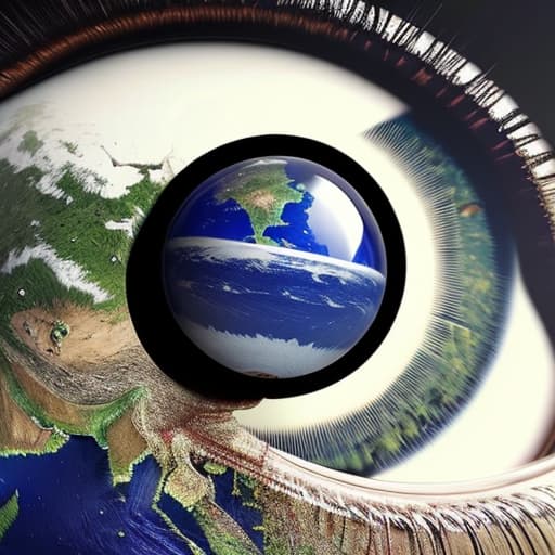  A real human eye with the Earth globe on it. Poat-apocalyptic world. realistic picture.