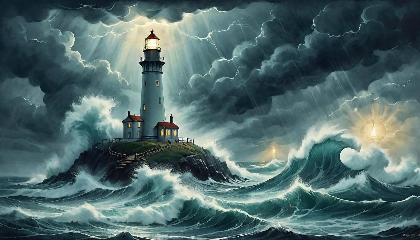  on parchment, surrealism+++, Lighthouse standing strong amid raging storm, brilliant beam cutting through darkness, towering and resolute, waves crashing around, illuminate, steadfastness, guiding(mysterious, provocative, symbolic,muted color)+++