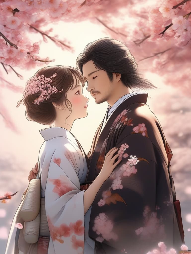  Under the cherry blossoms, wedding, kimono wedding, beautiful, bride and groom, masterpiece, best quality,8k,ultra detailed,high resolution,an extremely delicate and beautiful,hyper detail