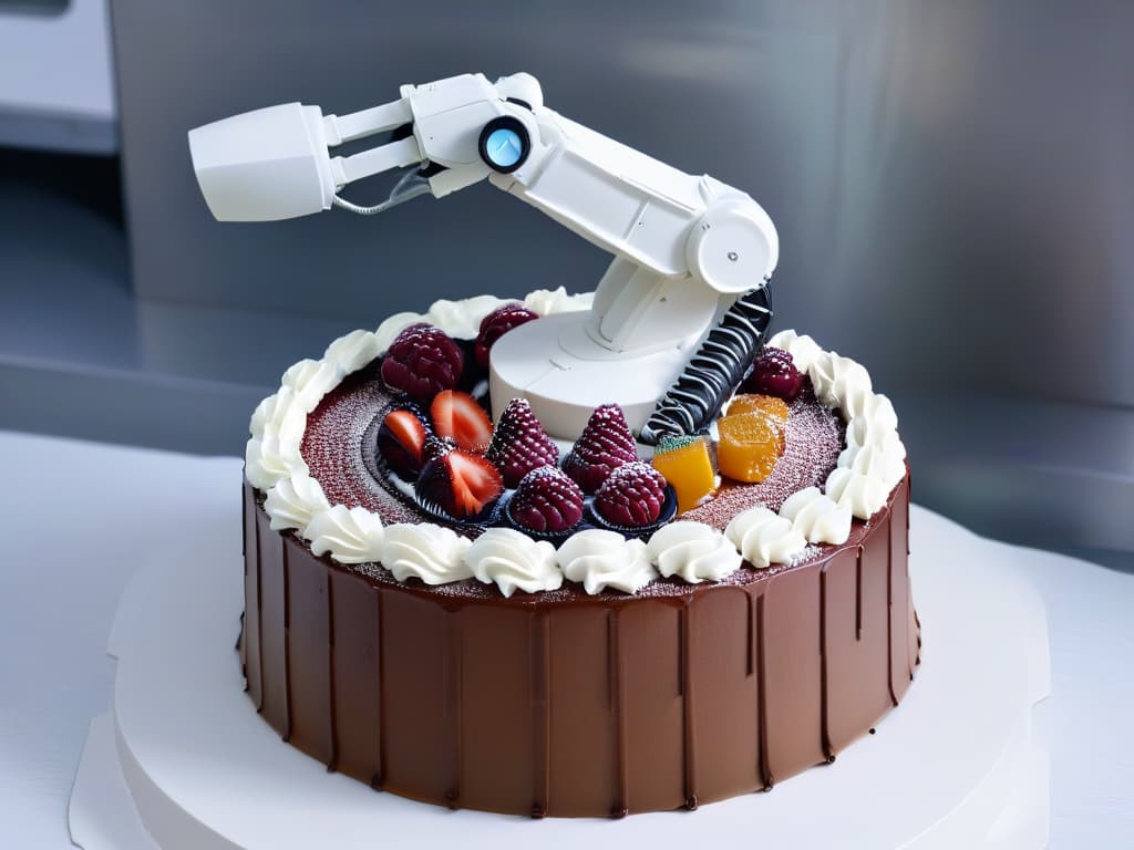  An ultradetailed image of a sleek, futuristic robotic arm delicately piping intricate designs onto a multitiered cake in a pristine, modern kitchen setting. The robotic arm moves with precision and finesse, showcasing a seamless blend of technology and artistry in the world of pastry. The background is a soft focus to emphasize the robotic arm and the beautifully crafted cake, highlighting the harmony between automation and traditional pastry techniques. hyperrealistic, full body, detailed clothing, highly detailed, cinematic lighting, stunningly beautiful, intricate, sharp focus, f/1. 8, 85mm, (centered image composition), (professionally color graded), ((bright soft diffused light)), volumetric fog, trending on instagram, trending on tumblr, HDR 4K, 8K