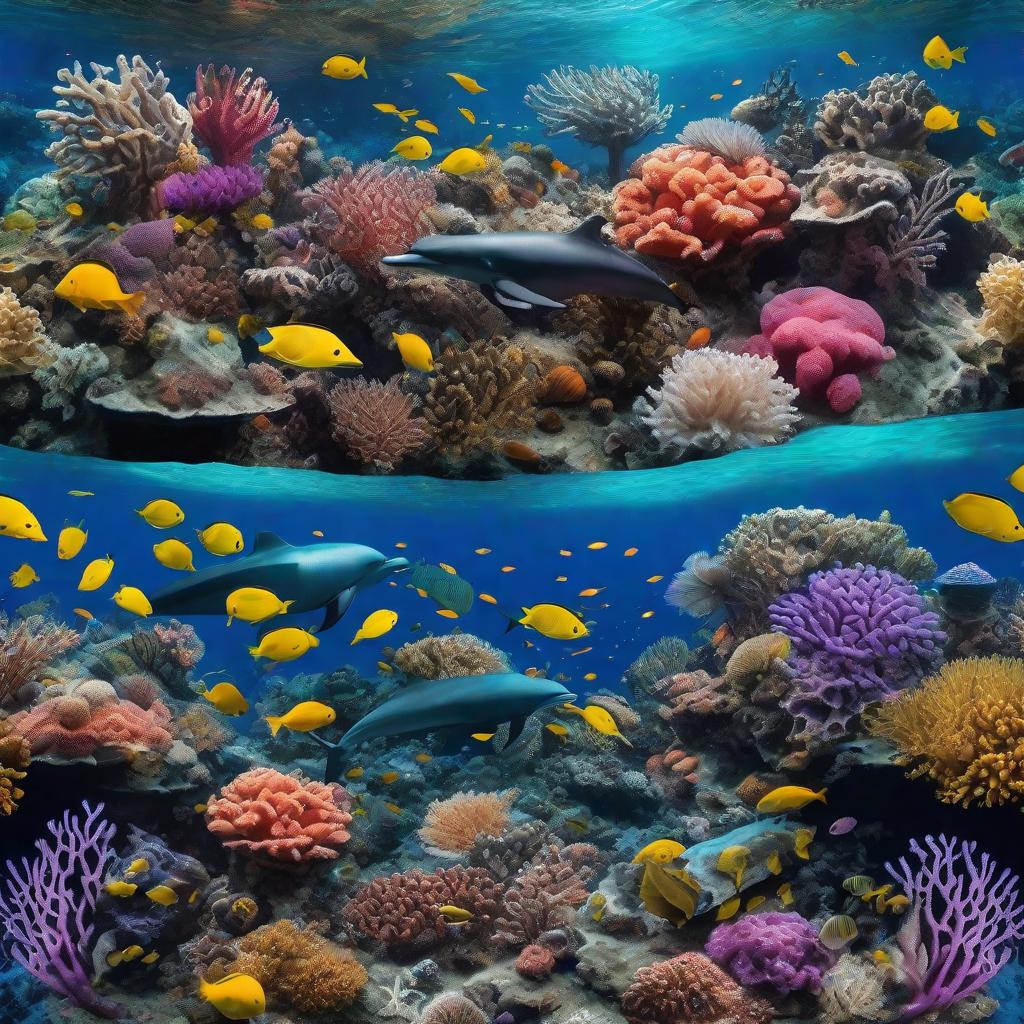  masterpiece, best quality, Most Beautiful in deep sea teeming with vibrant corals, diverse marine life, and enchanting underwater landscapes, full of corals, acrophore, small fishes, anemones, dolphin, various algaes, caves, colorful,all captured in stunning 8k resolution with intricate details.