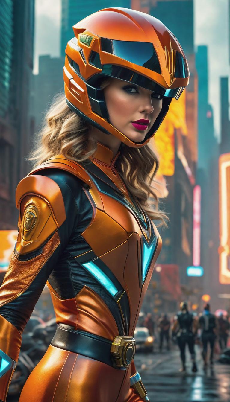  Cyberpunk style depiction of Taylor Swift as a Orange Power Ranger helmet on with visor down. The scene is set in a world where technology has advanced, but society and human conditions have not, creating a gritty, dystopian atmosphere. hyperrealistic, full body, detailed clothing, highly detailed, cinematic lighting, stunningly beautiful, intricate, sharp focus, f/1. 8, 85mm, (centered image composition), (professionally color graded), ((bright soft diffused light)), volumetric fog, trending on instagram, trending on tumblr, HDR 4K, 8K