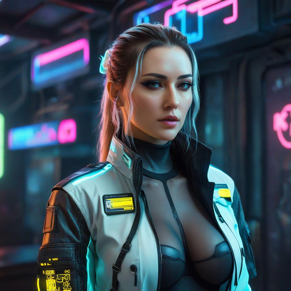  cyberpunk game style Draw a beautiful educational process manager woman. . neon, dystopian, futuristic, digital, vibrant, detailed, high contrast, reminiscent of cyberpunk genre video games, FILM PHOTOGRAPHY STYLE hyperrealistic, full body, detailed clothing, highly detailed, cinematic lighting, stunningly beautiful, intricate, sharp focus, f/1. 8, 85mm, (centered image composition), (professionally color graded), ((bright soft diffused light)), volumetric fog, trending on instagram, trending on tumblr, HDR 4K, 8K