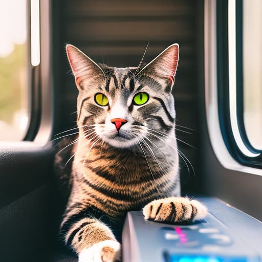 nvinkpunk Realistic image of a cat wearing headphones and reading glasses while riding a bus. hyperrealistic, full body, detailed clothing, highly detailed, cinematic lighting, stunningly beautiful, intricate, sharp focus, f/1. 8, 85mm, (centered image composition), (professionally color graded), ((bright soft diffused light)), volumetric fog, trending on instagram, trending on tumblr, HDR 4K, 8K