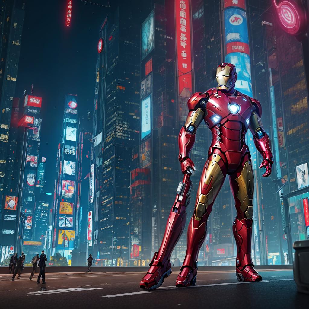  masterpiece, best quality, Best quality, masterpiece, 8k resolution, realistic, highly detailed, close up of Iron Man. In a cyberpunk-style night scene of the city, he stands on a street lined with tall buildings. The city's night lights are bright, The surrounding buildings and streets are filled with cyberpunk elements such as neon lights, high-tech devices, and futuristic architectural designs.