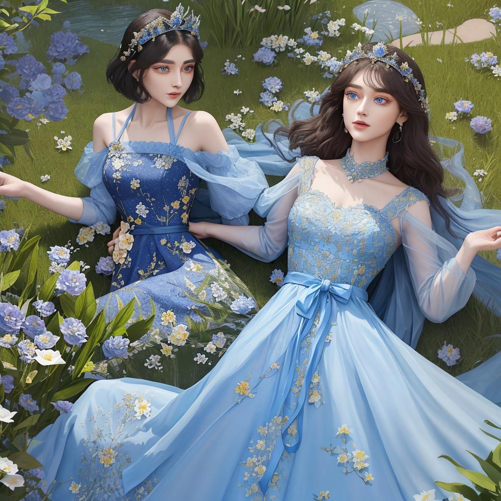  masterpiece, best quality,Create a long dresses with Met gala 2024 theme, The Garden of Time : water and wind and little flowers With color of persian dark blue expressive eyes and short hair with the upper body covered,