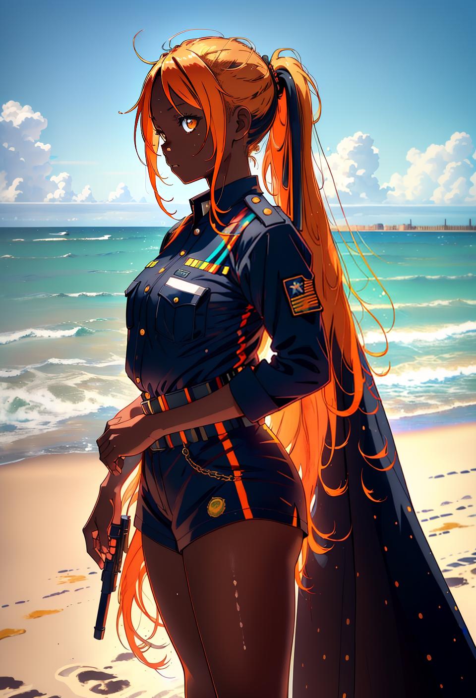  ((trending, highres, masterpiece, cinematic shot)), 1girl, young, female police uniform, beach scene, very long straight orange hair, long ponytail, narrow rainbow-colored eyes, antisocial, loner personality, relaxed expression, very dark skin, lively, lucky