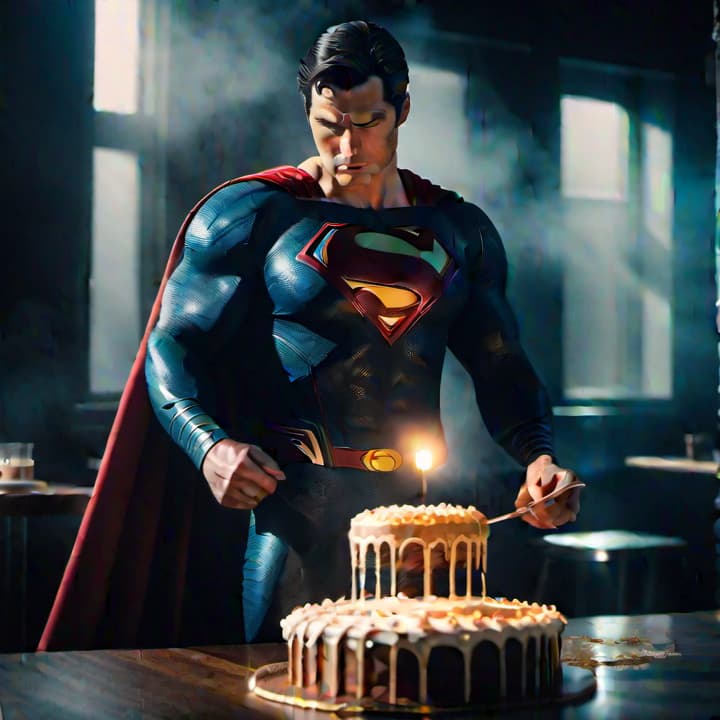  Superman is baking a cake hyperrealistic, full body, detailed clothing, highly detailed, cinematic lighting, stunningly beautiful, intricate, sharp focus, f/1. 8, 85mm, (centered image composition), (professionally color graded), ((bright soft diffused light)), volumetric fog, trending on instagram, trending on tumblr, HDR 4K, 8K