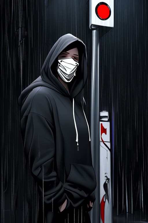  A-TaC , Josh, Epitomistic, Doormentor, The Catentions, Tall all black hoodie up all white mask on face kind of like Jason, standing under street pole in the dark while heavily raining, spotting his enemy