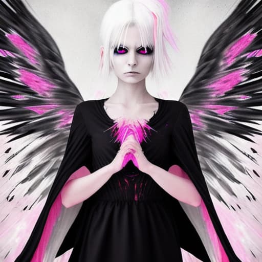  angel with black wings with blood, pink eyes and white hair, seeing infinity