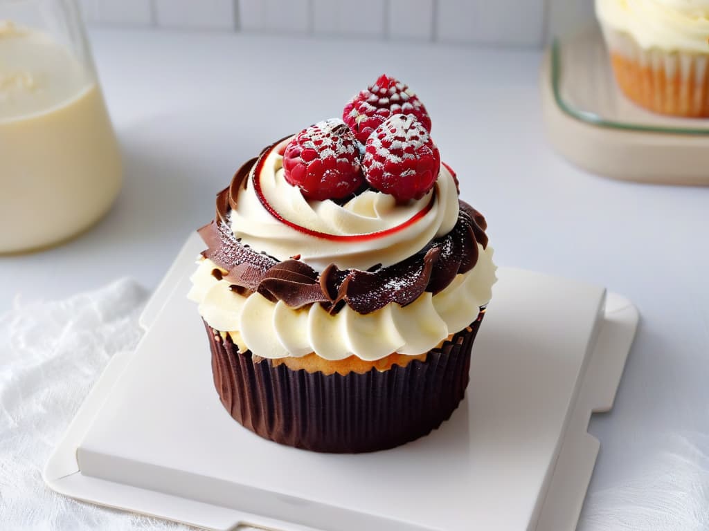  A minimalist image of an elegantly decorated sugarfree cupcake, topped with a swirl of creamy frosting and a fresh raspberry on a pristine white plate, set against a soft, blurred background of a cozy kitchen setting with warm natural light streaming in through a window. The cupcake is artfully garnished with delicate sugarfree chocolate shavings, and the frosting is perfectly piped in a decorative pattern, showcasing the attention to detail and craftsmanship in creating delectable yet healthy treats. hyperrealistic, full body, detailed clothing, highly detailed, cinematic lighting, stunningly beautiful, intricate, sharp focus, f/1. 8, 85mm, (centered image composition), (professionally color graded), ((bright soft diffused light)), volumetric fog, trending on instagram, trending on tumblr, HDR 4K, 8K