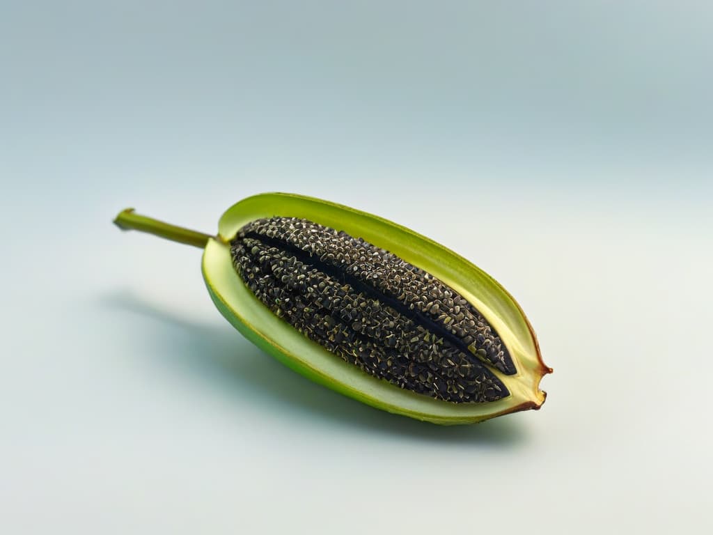  A closeup, ultradetailed image of a vanilla bean pod split open, showcasing the tiny black seeds against the textured interior of the pod, with soft natural lighting casting subtle shadows, emphasizing the intricate patterns and natural beauty of the vanilla bean. hyperrealistic, full body, detailed clothing, highly detailed, cinematic lighting, stunningly beautiful, intricate, sharp focus, f/1. 8, 85mm, (centered image composition), (professionally color graded), ((bright soft diffused light)), volumetric fog, trending on instagram, trending on tumblr, HDR 4K, 8K